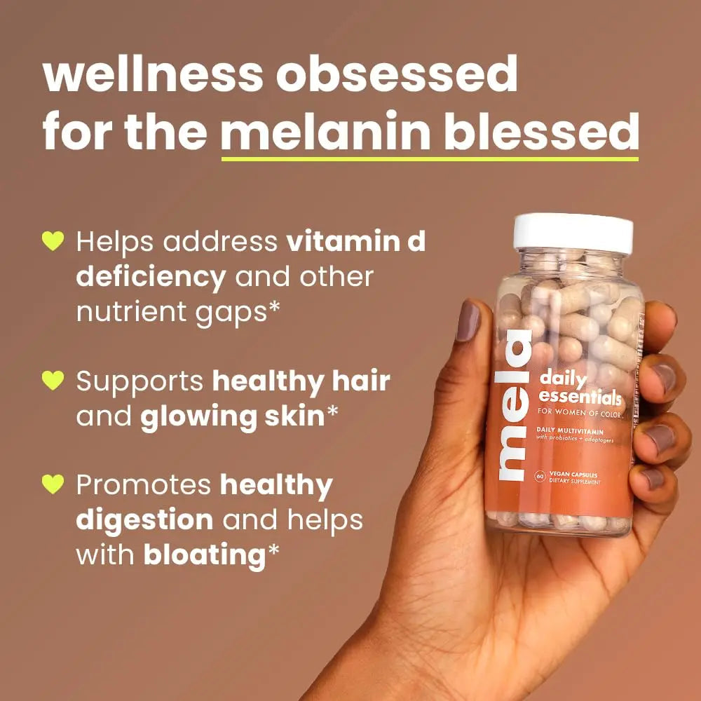 Mela Daily Essentials Multivitamin for Melanated Women - High-Dose Vitamin D3 and B12, Probiotics, Lion's Mane, Ceylon Cinnamon Mela