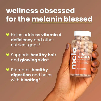 Mela Daily Essentials Multivitamin for Melanated Women - High-Dose Vitamin D3 and B12, Probiotics, Lion's Mane, Ceylon Cinnamon Mela