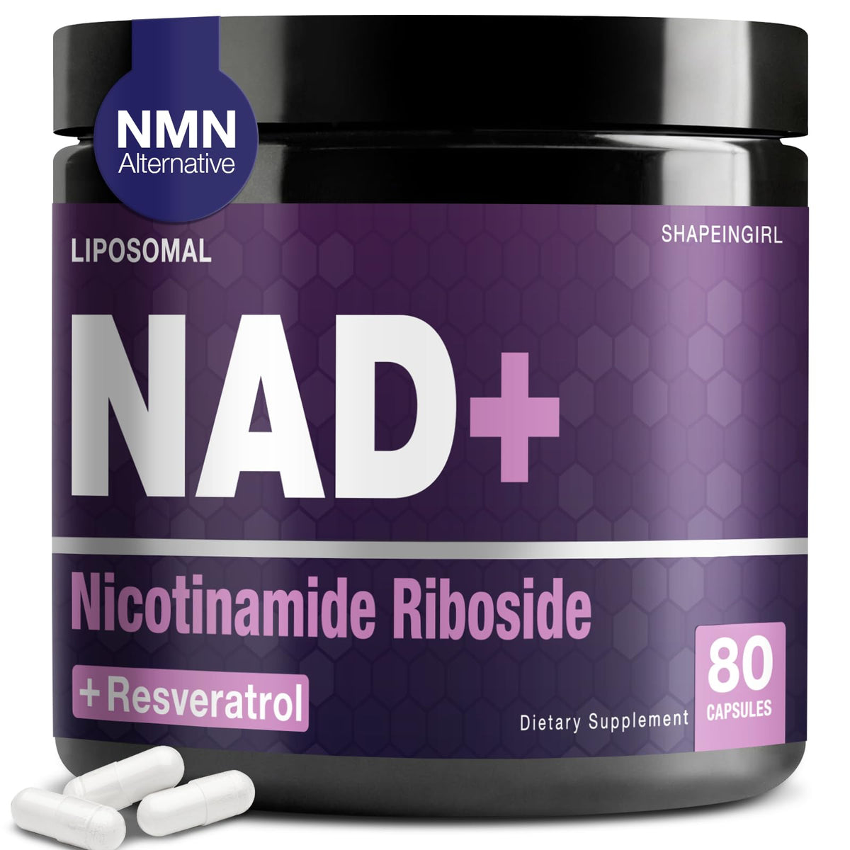 Supplement container labeled 'NAD+ Nicotinamide Riboside' with white capsules on a white background