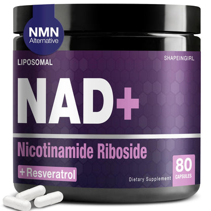 Supplement container labeled 'NAD+ Nicotinamide Riboside' with white capsules on a white background