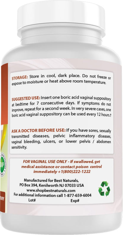 Best Naturals Boric Acid Vaginal Suppositories - Made in USA - USP Medical Grade Fine Powder, Easy Dissolve, Third Party Tested - 60 Count Best NaturalsBuy Supplements Australia