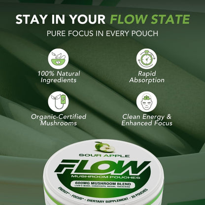 Flow Pouches Mushroom Nootropic Pouches - 600mg Organic Mushroom Energy Ultra Pouches with Lion's Mane, Reishi, Cordyceps for Focus & Clean Energy - Zero Caffeine or Sugar (5 Can Pack, Sour Apple) Flow Pouches buy supplements Au