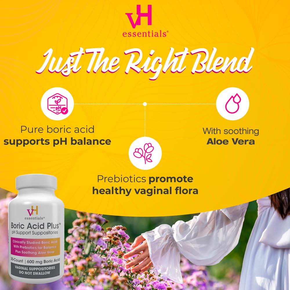 vH Essentials Boric Acid Plus Vaginal Suppositories, Prebiotic Infused with Soothing Aloe Vera, pH Support Formula Fights Odor and Promotes Freshness, 600mg Boric Acid, 30 Count vH essentialsBuy Supplements Australia