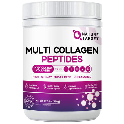NATURE TARGET Multi Collagen Peptides Powder - Type I, II, III, V, X - Hydrolyzed Collagen Peptides with Vitamin C Hyaluronic Acid, Supports Skin Hair Nail & Joint, Grass-Fed, Non-GMO, 35 Servings NATURE TARGET buy supplements Au