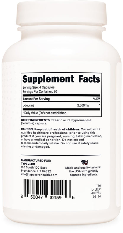 Type Zero L-Leucine Capsules (2000mg per Serving) 120 Capsules - 30 Servings Type ZeroBuy Supplements Australia