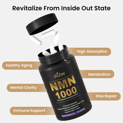 Syloni NMN Supplement 1000mg, 99% Pure NMN 4-in-1 NAD+ Booster with PQQ, CoQ10, L-Ergothioneine, 60 Capsules Nicotinamide Mononucleotide - Anti-Aging, Energy Boost, DNA Repair for Adults, Vegan SyloniBuy Supplements Australia
