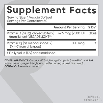Sports Research® Vitamin D3 + K2 w/Coconut Oil - Vegan Vitamin D 2500iu (62.5mcg) & Mk7 Vitamin K 100mcg for Bone & Immune Support - Vegan Certified