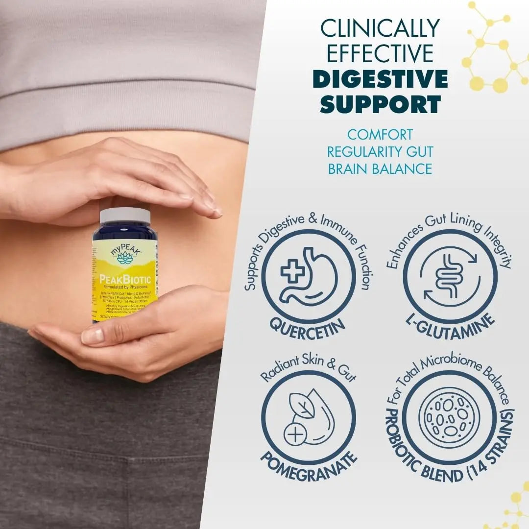 myPEAK PeakBiotic: The Ultimate Vegan Synbiotic with 50 Billion CFU Probiotics Prebiotics Postbiotics Modbiotics and Gut Lining to Enhance Digestion, Skin, and Mood with 2-Month Supply, 60 Capsules myPEAKBuy Supplements Australia