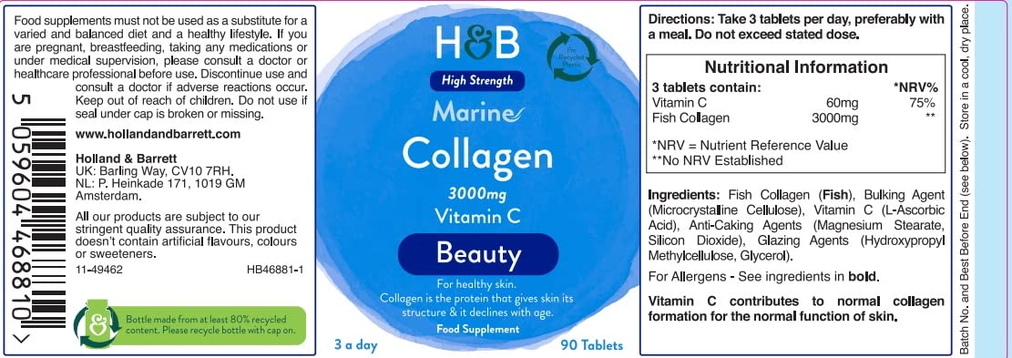 Holland and Barrett Marine Collagen with Vitamin C 3000mg 90 Tablets Holland & BarrettBuy Supplements Australia