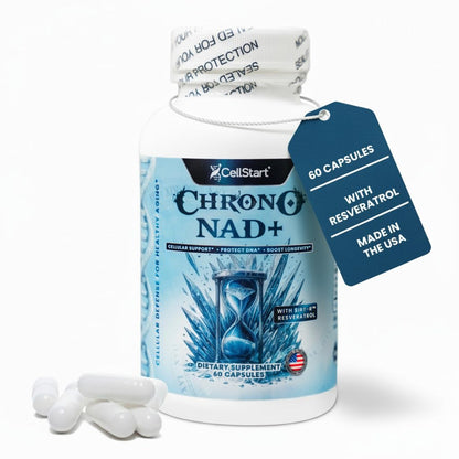 Supplement bottle labeled 'Chrono NAD+' with capsules on a white background