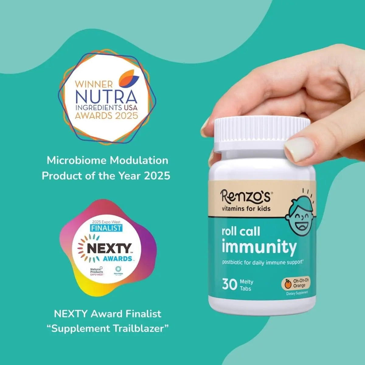Renzo's Roll Call Immunity - Dissolvable Kids Immune Support Supplement with IMMUSE Postbiotic, Sugar-Free Kids Vitamins, 30 Orange-Flavored Melty Tabs Renzo'sBuy Supplements Australia