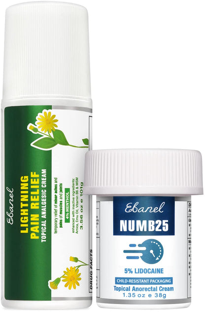 Ebanel Bundle of Numb25 Lidocaine 5% Topical Numbing Cream 1 Oz, and Pain Relief Roll On Arnica Menthol 3 Oz Ebanel buy supplements Au