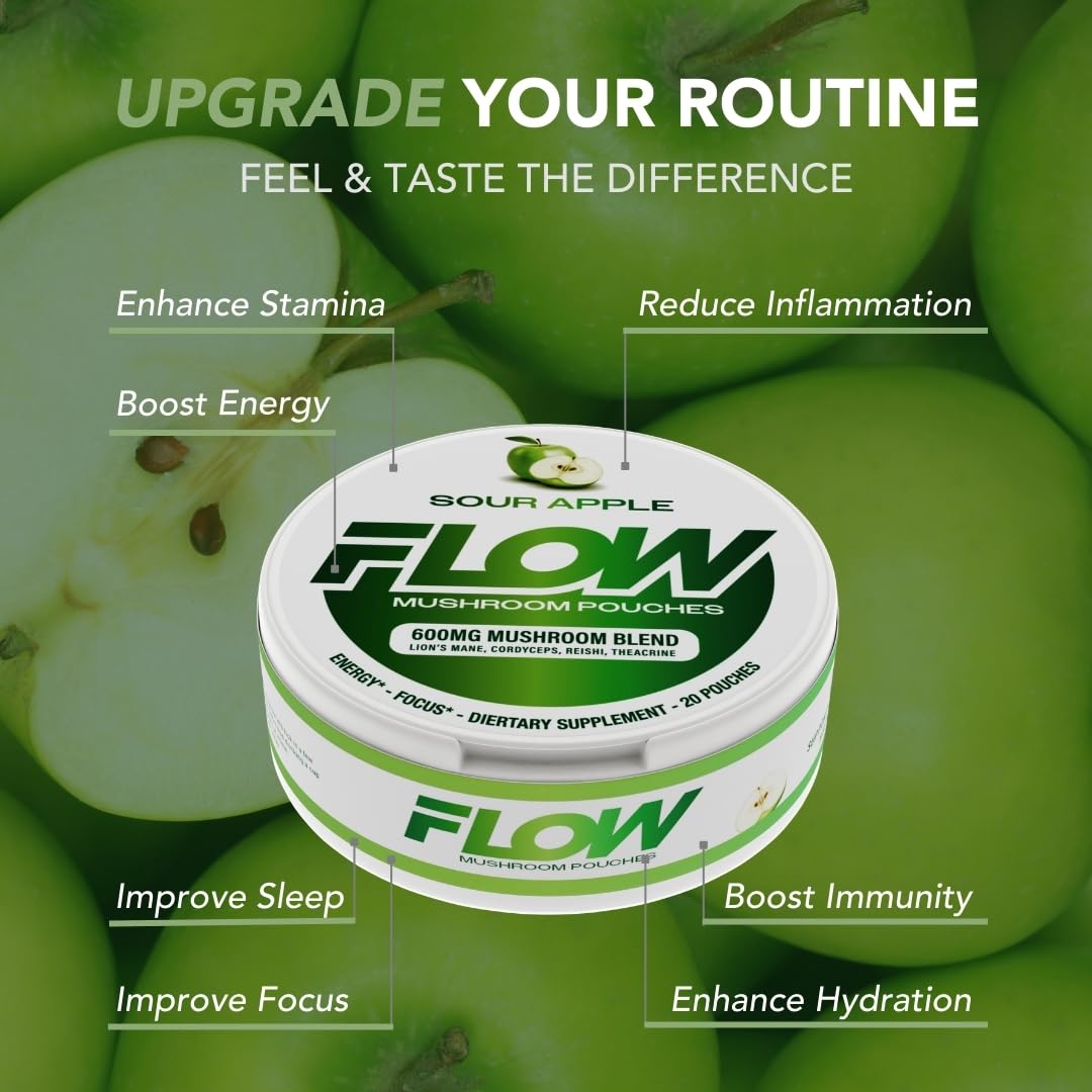 Flow Pouches Mushroom Nootropic Pouches - 600mg Organic Mushroom Energy Ultra Pouches with Lion's Mane, Reishi, Cordyceps for Focus & Clean Energy - Zero Caffeine or Sugar (5 Can Pack, Sour Apple) Flow Pouches buy supplements Au