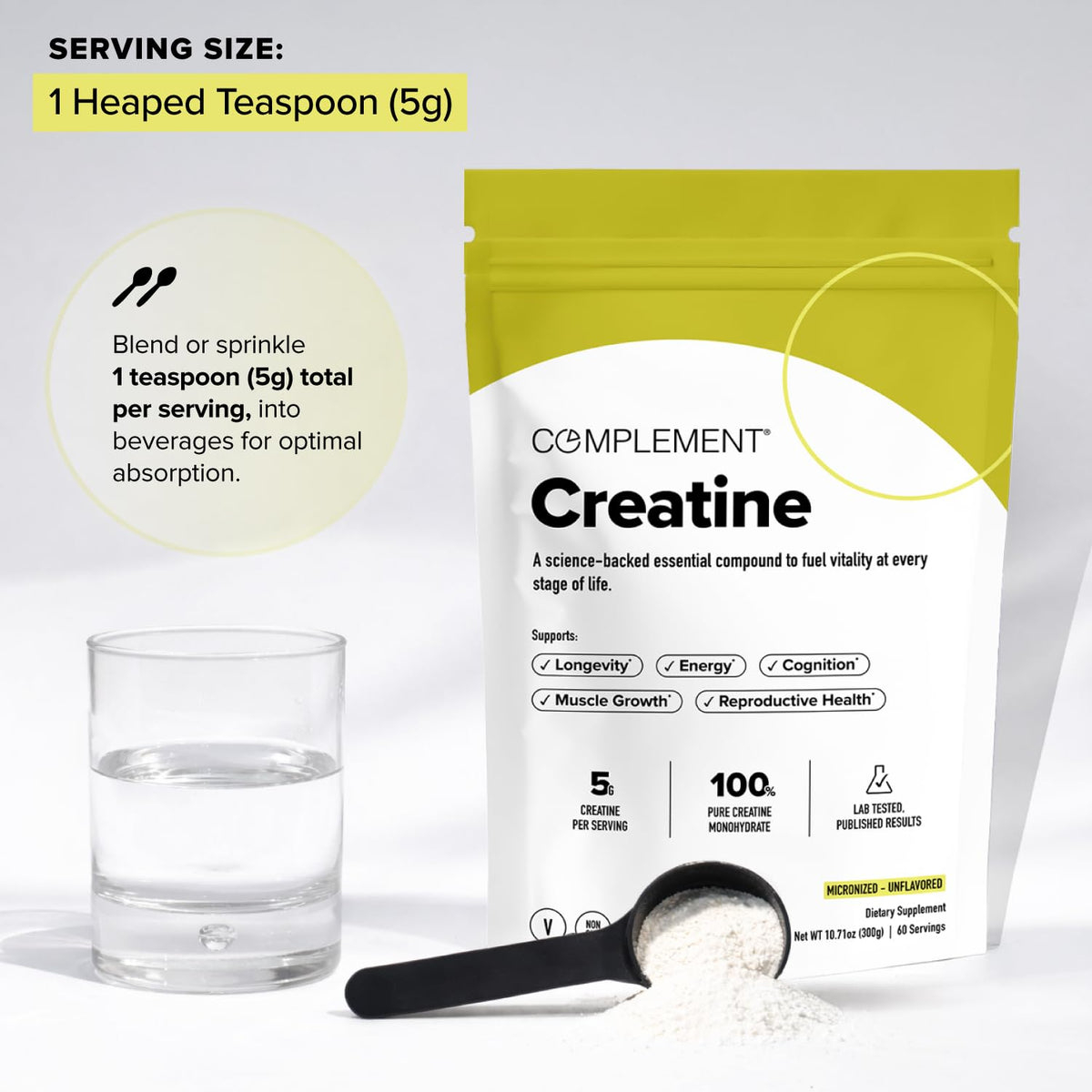 Complement Creatine Monohydrate Micronized Powder for Women and Men (5g, 60 Servings) Pre Workout, Post Workout, Muscle Recovery, Brain Health, Longevity- Vegan, Unflavored ComplementBuy Supplements Australia