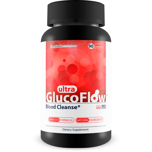 Supplement bottle labeled 'ultra GlucoFlow' on a white background
