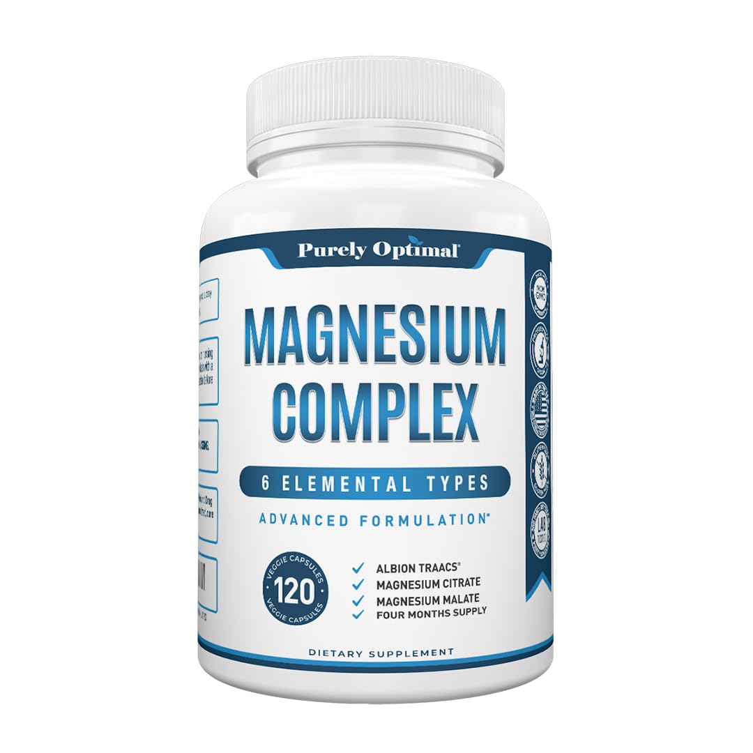Purely Optimal Magnesium Complex - 6 Forms Magnesium Glycinate, Citrate & Malate - Sleep Support, Stress Relief, Muscles, Heart Health & Relaxation