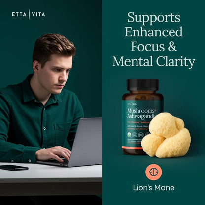 USDA Organic Lions Mane Supplement Capsules with Ashwagandha, Chaga, Reishi, Cordyceps, Turkey Tail (18,600mg/serv) 10x Adaptogenic Mushroom Complex as Focus Supplement - Energy, Immunity & Nootropic Etta VitaBuy Supplements Australia