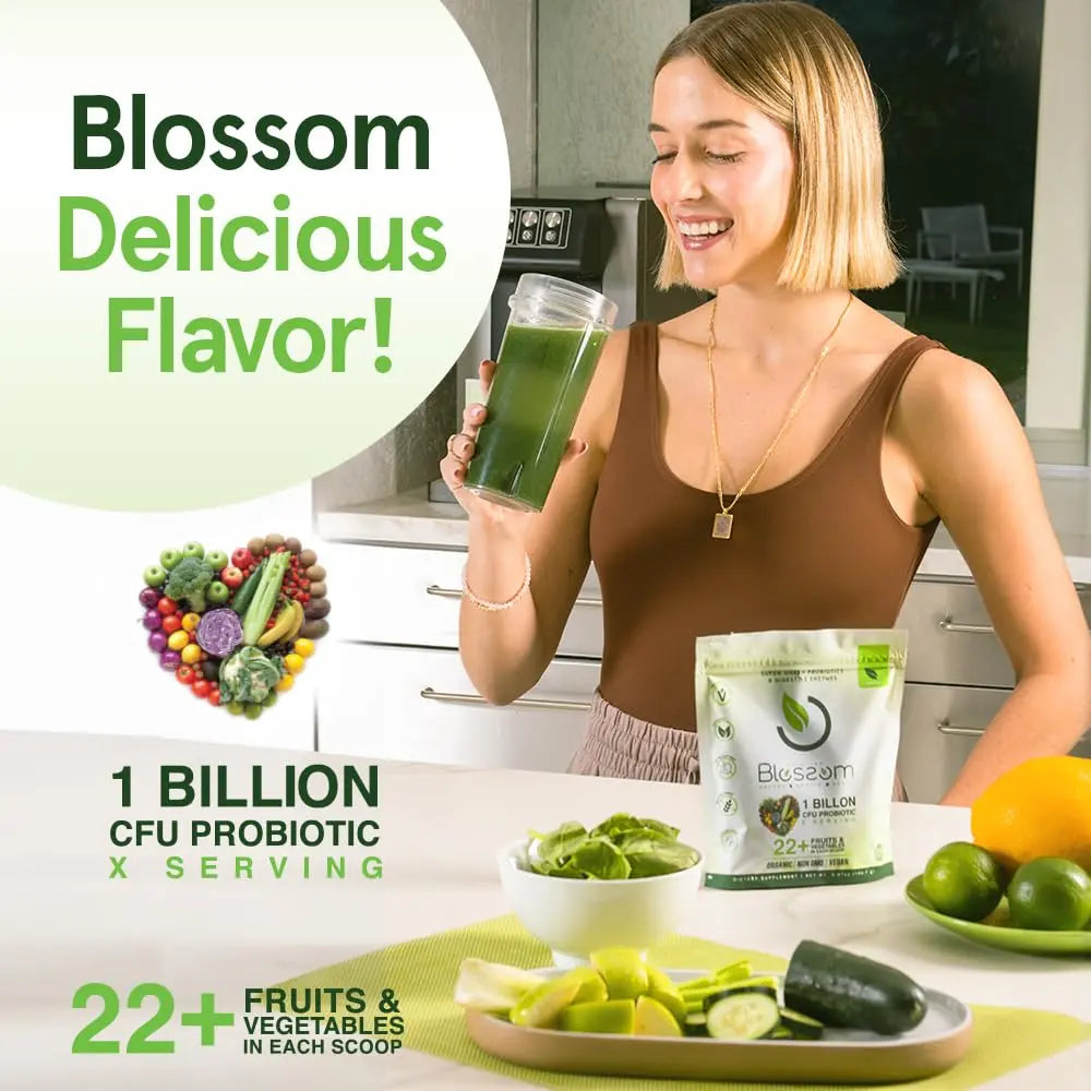 Blossom SuperGreens Probiotics – Digestive Enzymes with Pre/ProBiotics for Bloating Relief – 30+ SuperGreens & SuperReds to Boost Energy –Organic, Gluten-Free, No Fiber, 0g Sugar (Lemon Citrus) BRANIA buy supplements Au