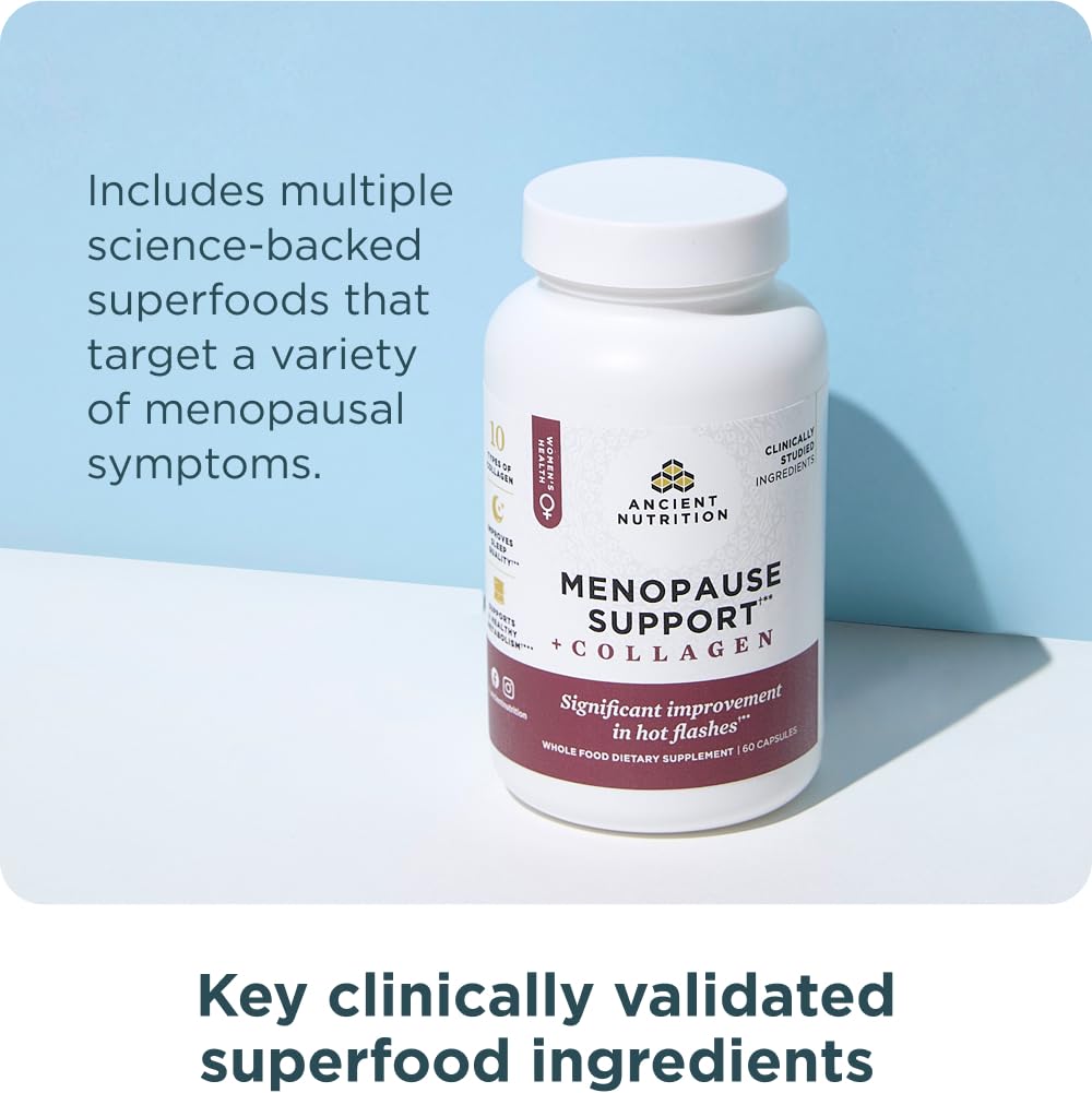 Ancient Nutrition Menopause Support + Collagen Supplement, Hydrolyzed Collagen Peptides, Key Clinically Validated Superfoods, Significant Improvement in Hot Flashes and Sleep Quality, 60 Capsules Ancient NutritionBuy Supplements Australia