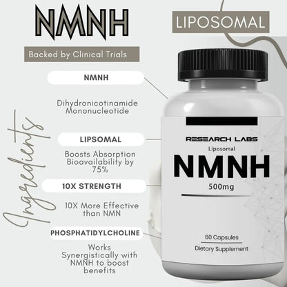 Research Labs Liposomal NMNH (NMN Supplement Alternative) 500mg Per Serving | 60 Capsules (Dihydronicotinamide Mononucleotide) NAD Supplement to Boost NAD+ Levels for Anti Aging Research LabsBuy Supplements Australia