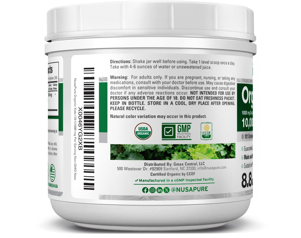 NusaPure Organic Kale Powder Extract 10:1 - Suitable for Vegetarian/Vegan, Non- GMO - 10,000 mg - 250 Capsules NusaPureBuy Supplements Australia