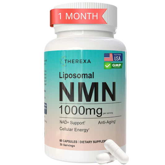 Supplement bottle labeled 'Liposomal NMN 1000mg' by Therexa on a white background