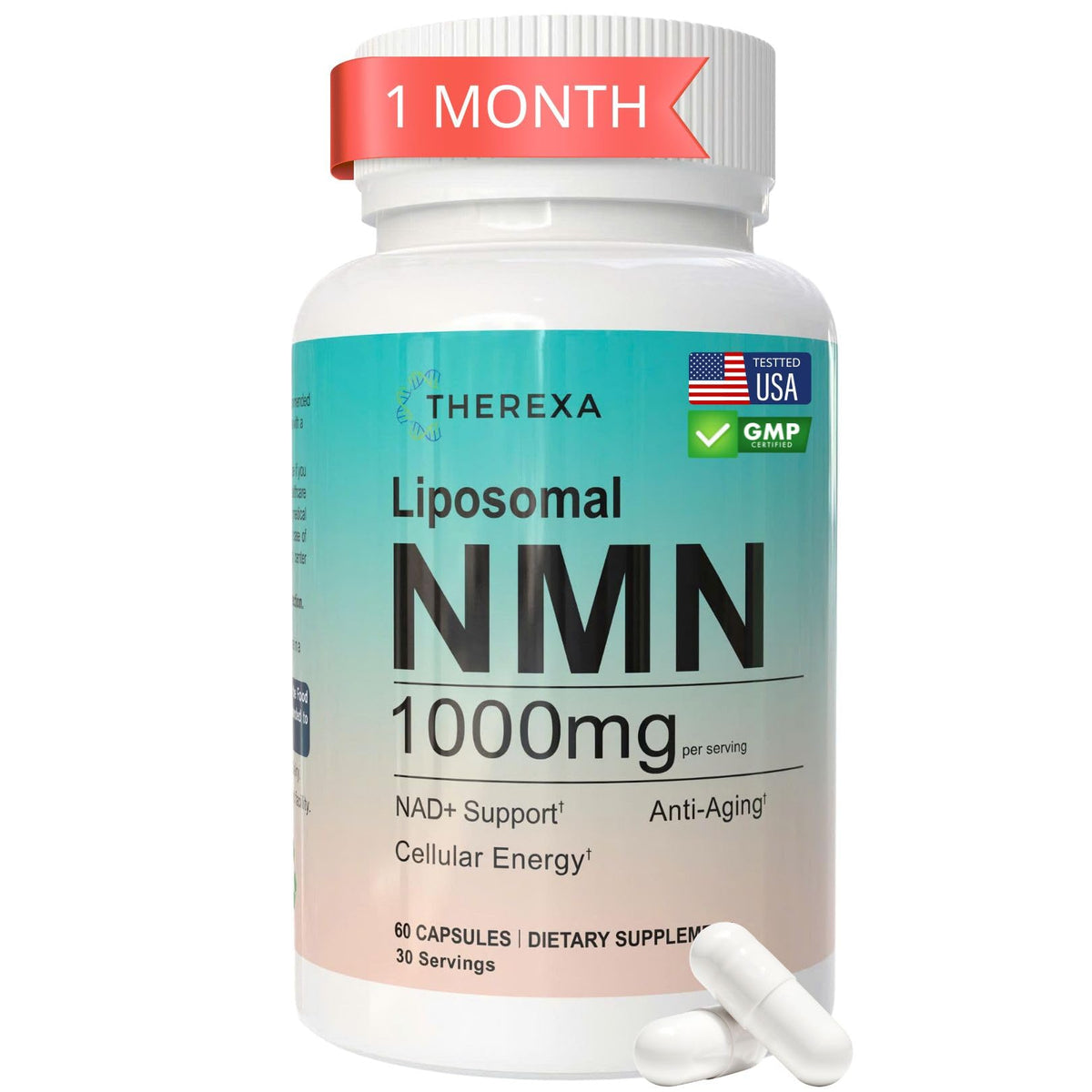 Supplement bottle labeled 'Liposomal NMN 1000mg' by Therexa on a white background