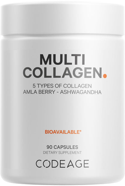 Codeage Multi Collagen Peptides Protein Capsules, 5 Collagen Types, Grass-Fed & Hydrolyzed Bovine Collagen Pills Supplement, Ashwagandha, Amla Berry Vitamins, Collagen Peptides - 90 Capsules CodeageBuy Supplements Australia