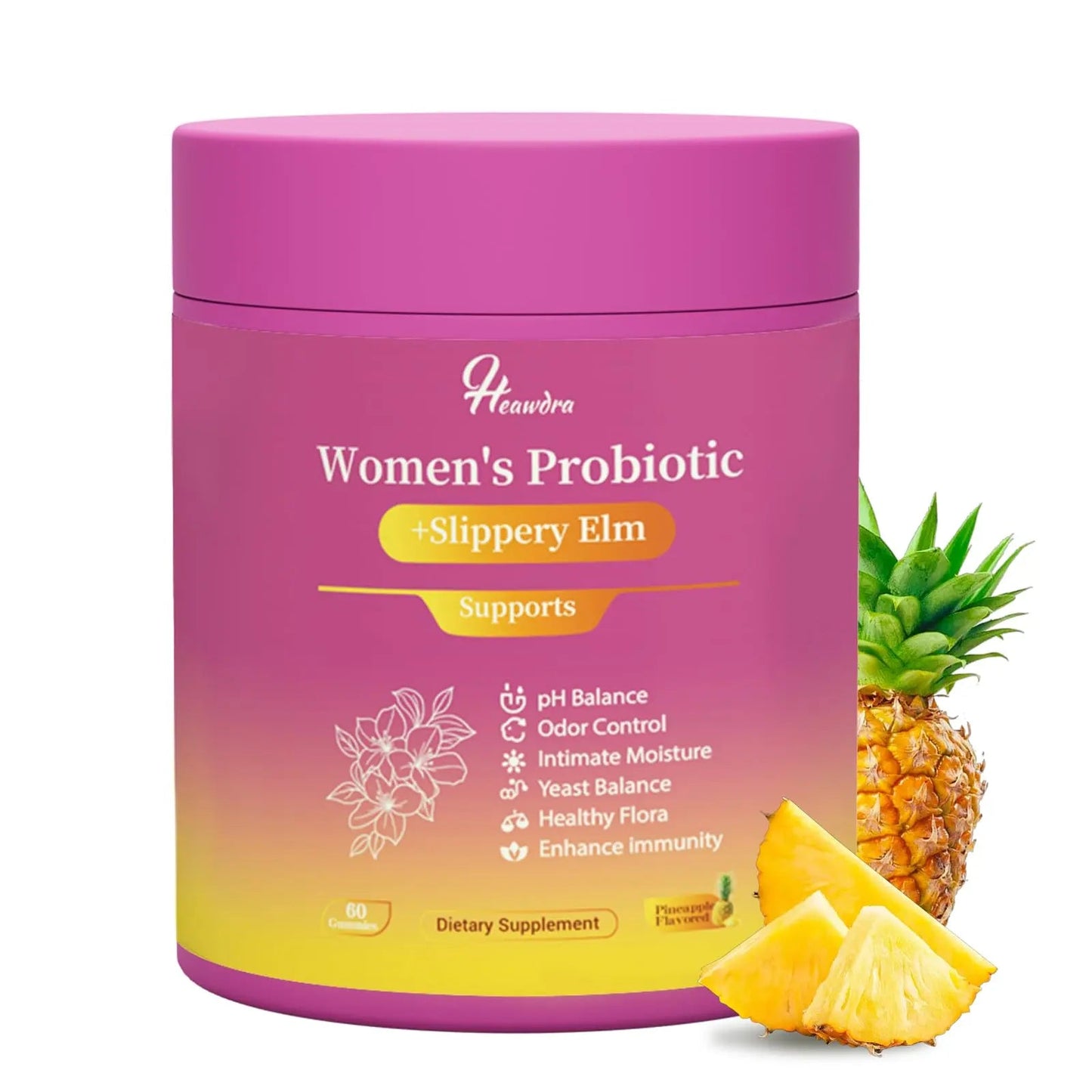 Her Juicy Women's Probiotic Gummies: Supports Women’s Wellness & pH Balance, Clean Vegan, Pineapple Flavor, Prebiotics & Lactobacillus Blend, with Slippery Elm, Gut Health & Immune Defense, 60 Gummies HeawdraBuy Supplements Australia