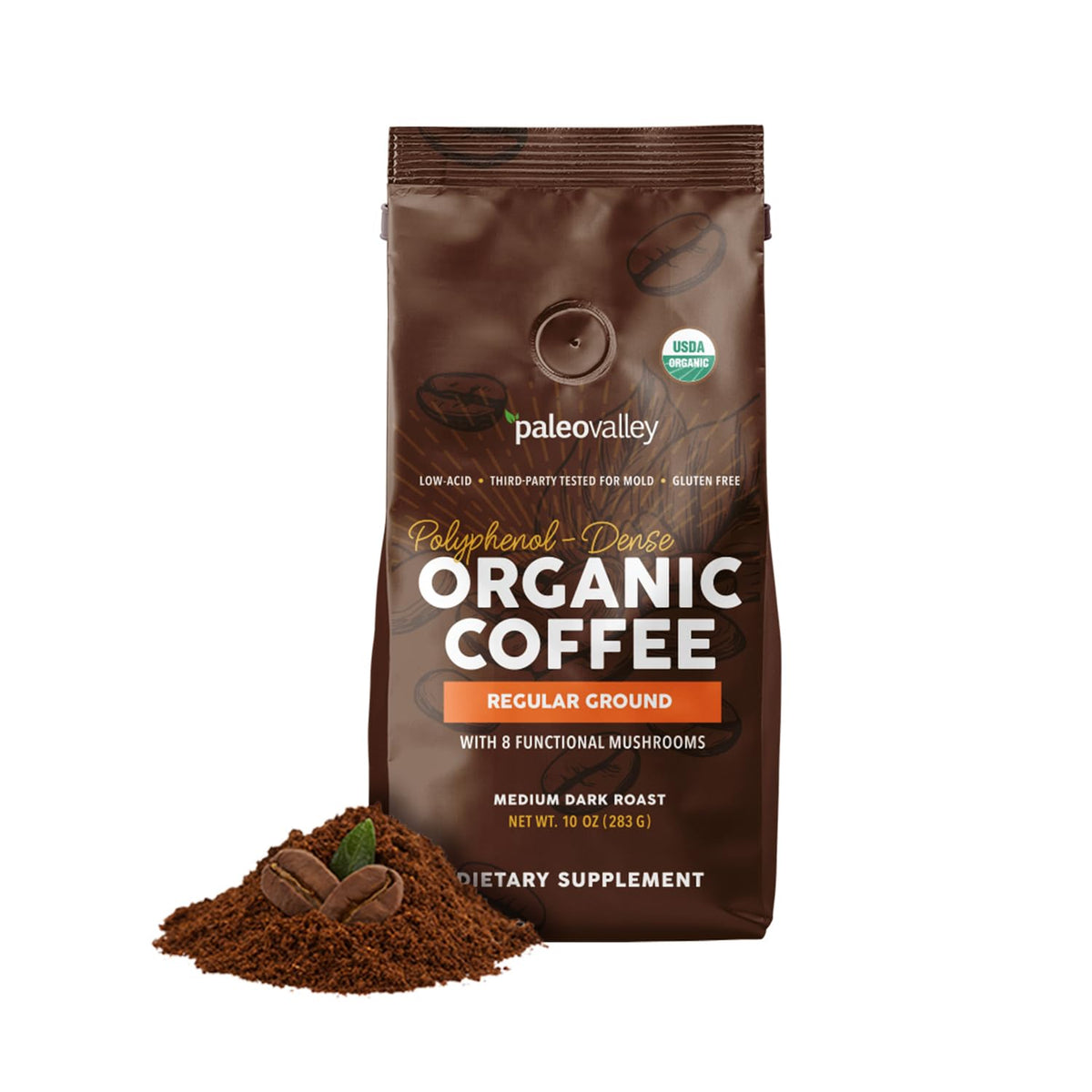 Paleovalley Organic Ground Coffee, 10oz - Regular, Low Acid, Single-Origin, Polyphenol-Rich, Infused with Mushrooms PaleovalleyBuy Supplements Australia