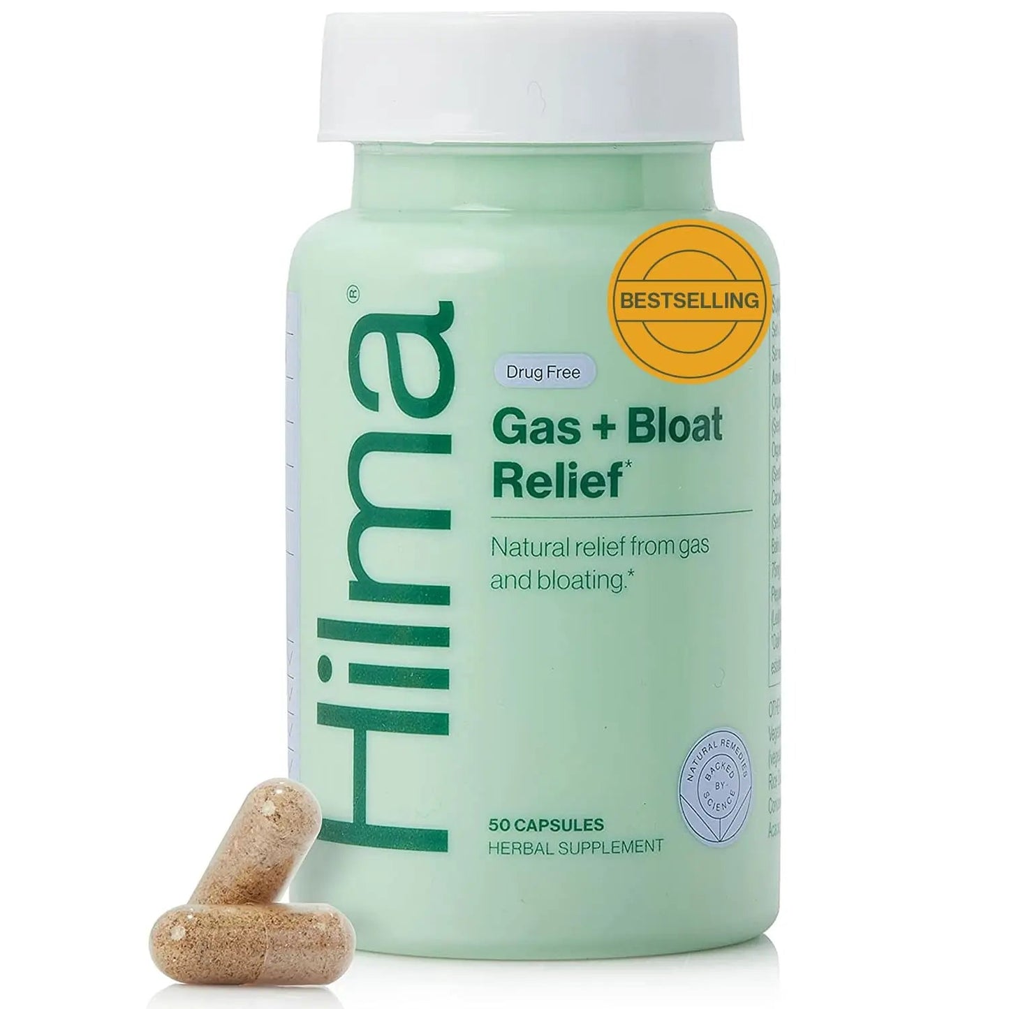 Hilma Natural Gas and Bloating Relief for Women, Doctor Formulated with Organic Ingredients, Lemon Balm, Fennel and Peppermint Leaf, 50 Vegan Capsules HilmaBuy Supplements Australia