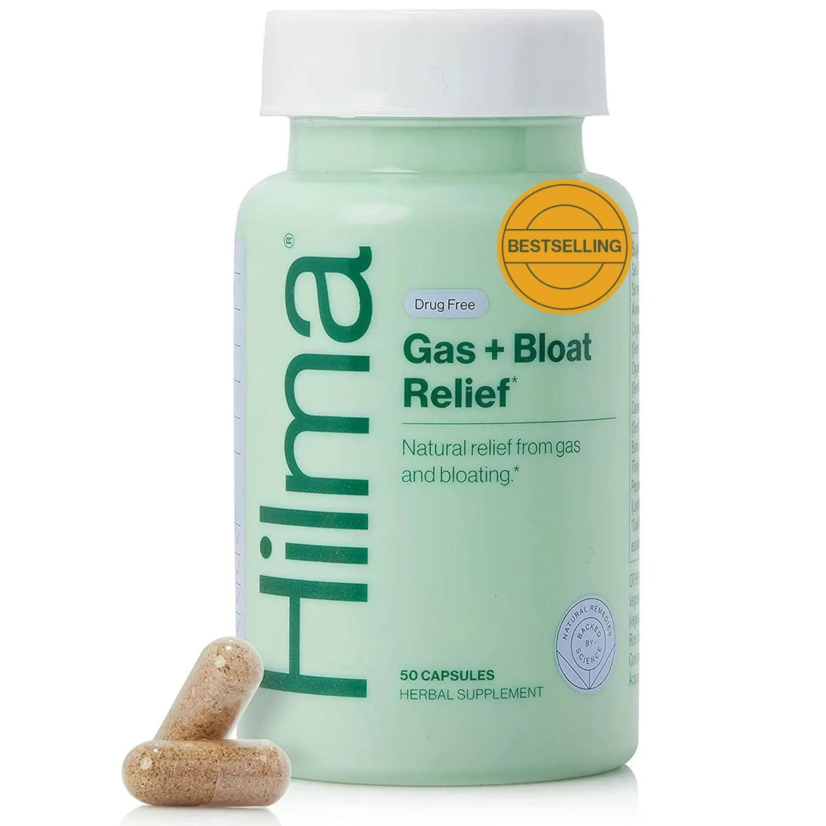 Hilma Natural Gas and Bloating Relief for Women, Doctor Formulated with Organic Ingredients, Lemon Balm, Fennel and Peppermint Leaf, 50 Vegan Capsules HilmaBuy Supplements Australia