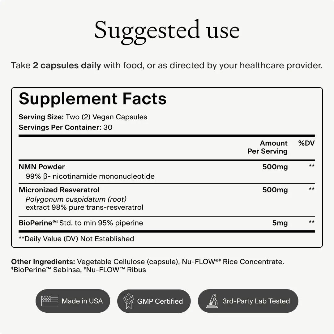 OMRE NMN + Resveratrol Supplement 99% Purity for Cellular Energy, NAD+ Boost | Highly Bioavailable Nicotinamide Mononucleotide Supplement Resveratrol 500mg & NMN 500mg, Made in USA, 60 Capsules OMREBuy Supplements Australia