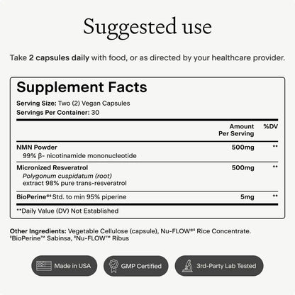 OMRE NMN + Resveratrol Supplement 99% Purity for Cellular Energy, NAD+ Boost | Highly Bioavailable Nicotinamide Mononucleotide Supplement Resveratrol 500mg & NMN 500mg, Made in USA, 60 Capsules OMREBuy Supplements Australia