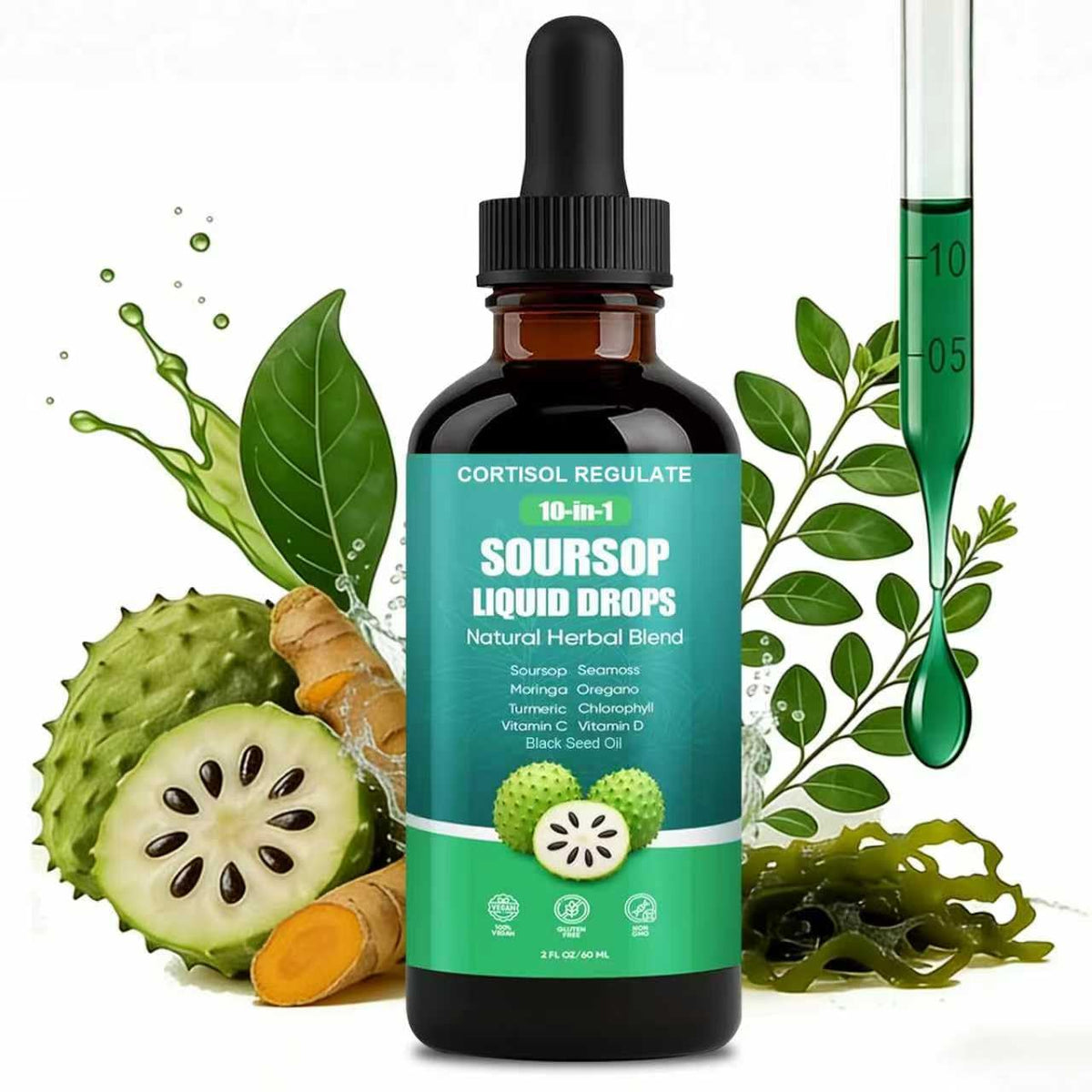 Soursop liquid drops bottle with natural ingredients on a white background