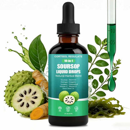 Soursop liquid drops bottle with natural ingredients on a white background