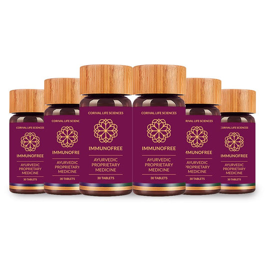 Row of Corival Life Sciences Immunofree Ayurvedic Proprietary Medicine bottles on a white background
