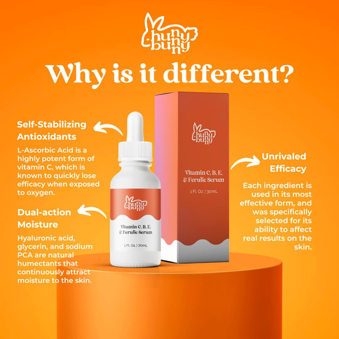 Hunny Bunny Vitamin C Serum for Face - Pure Brightening Dark Spots Sensitive Skin - Ferulic Acid, Niacinamide, L-Ascorbic Acid, Hyaluronic Acid, Vitamins B E, 1 Fl Oz Hunny Bunny buy supplements Au