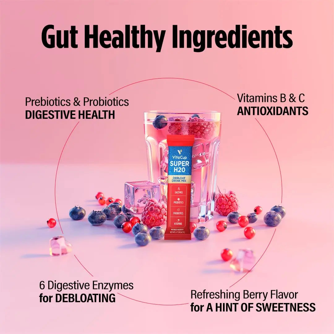 VitaCup Super H2O Bloating Relief and Digestive Health Drink Mix Packets, Probiotics, Prebiotics, C & B Vitamins, Mixed Berry Flavor Water Enhancer Packets, 16Ct VitaCupBuy Supplements Australia