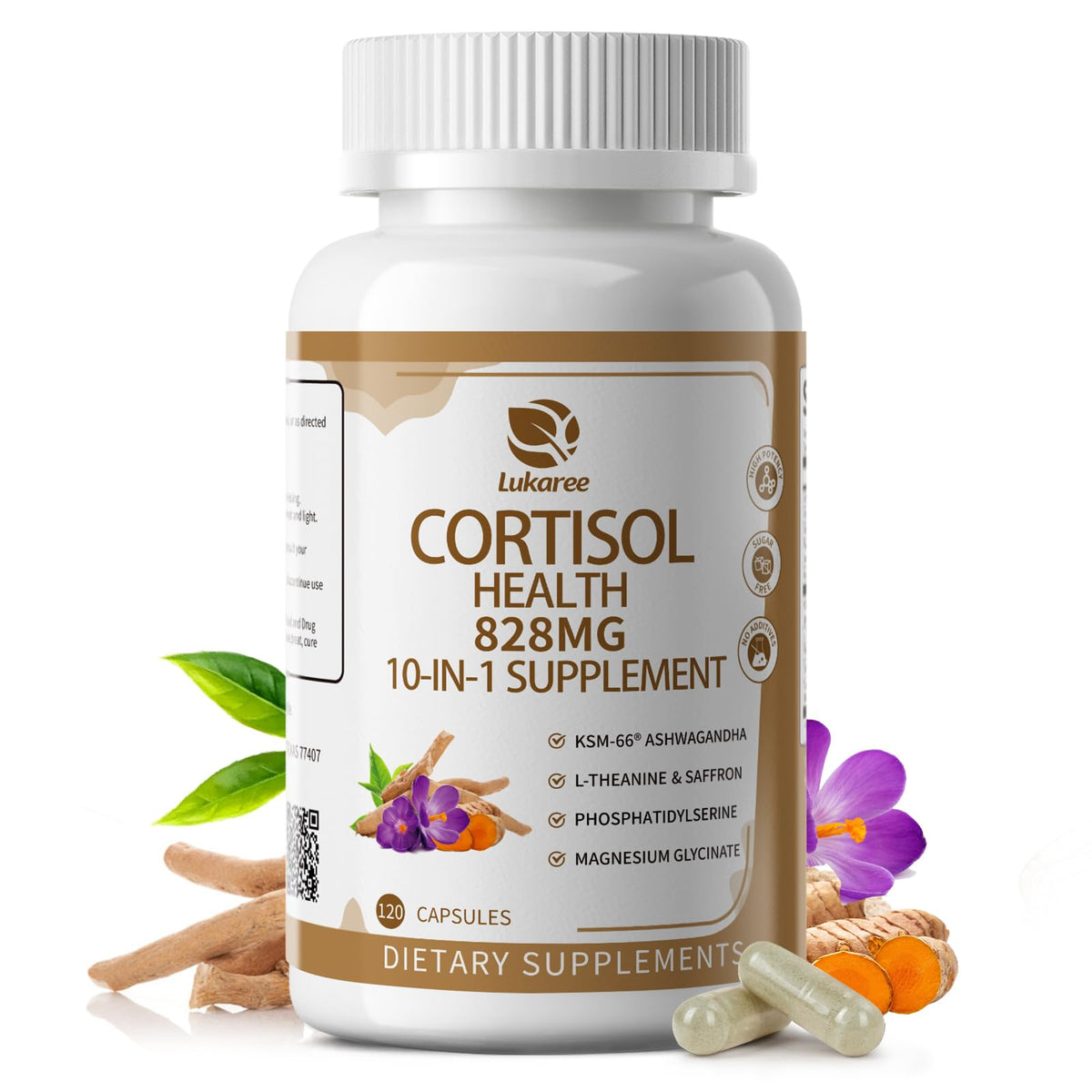 10-IN-1 Cortisol Supplements w/ KSM-66® Ashwagandha 300mg + L-Theanine 250mg, Magnesium Glycinate, Saffron, Phosphatidylserine, Turmeric & Vitamin C D3 B6 B5, For Women Men, 120 Capsules 60-Day Supply LukareeBuy Supplements Australia