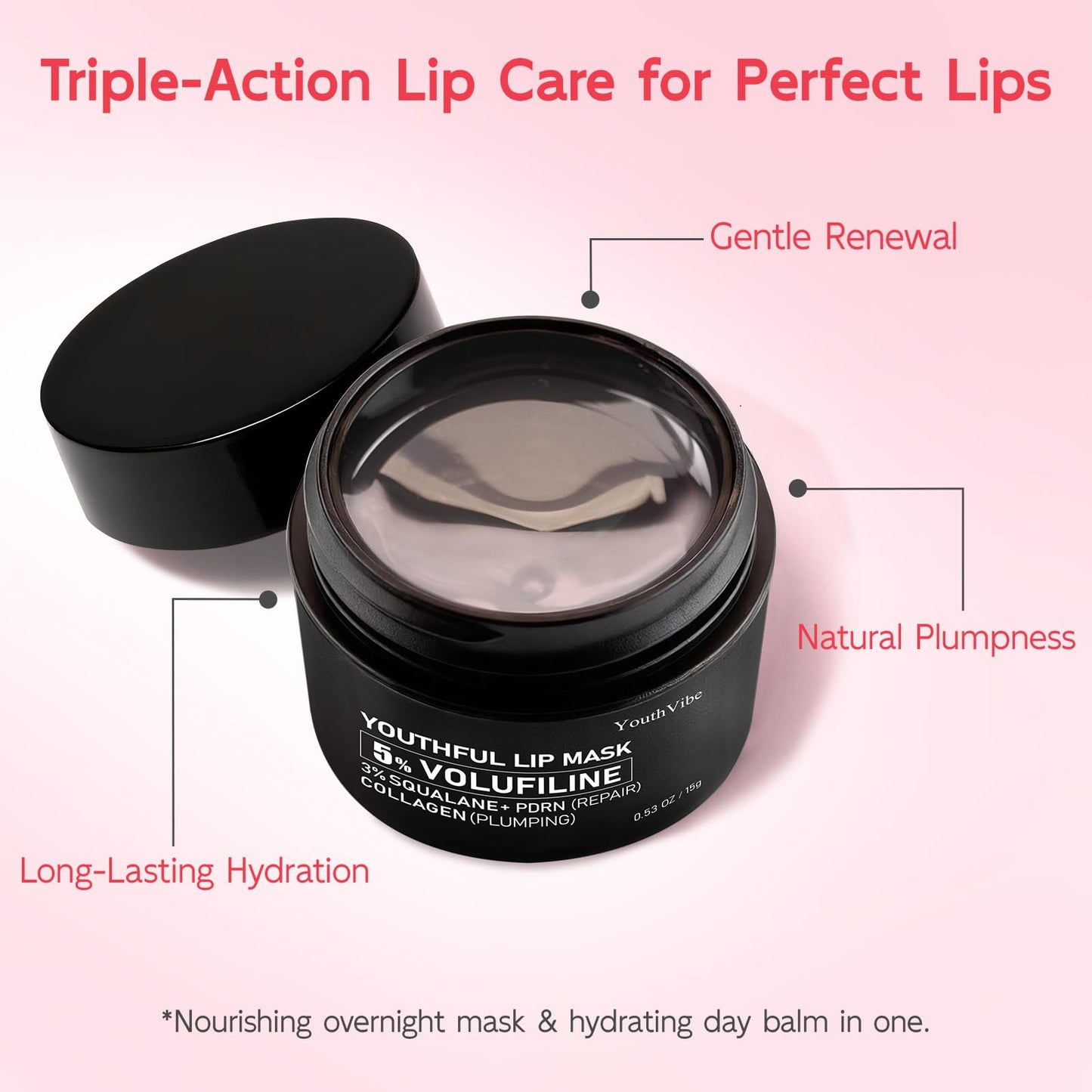 YouthVibe Lip Mask Overnight Moisturizing - Nourish & Hydrate, Antioxidants, 5% Volufiline