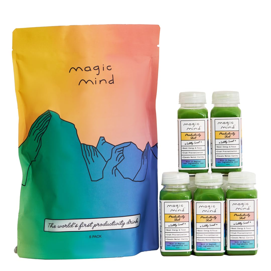 Magic Mind Focus Energy Drink Shots - No Jitters, Stress Relieving, Ashwagandha, Functional Mushrooms, Matcha Green Tea, Vitamin B12, Vitamin C - 2 FL Oz (5 Pack) Magic MindBuy Supplements Australia