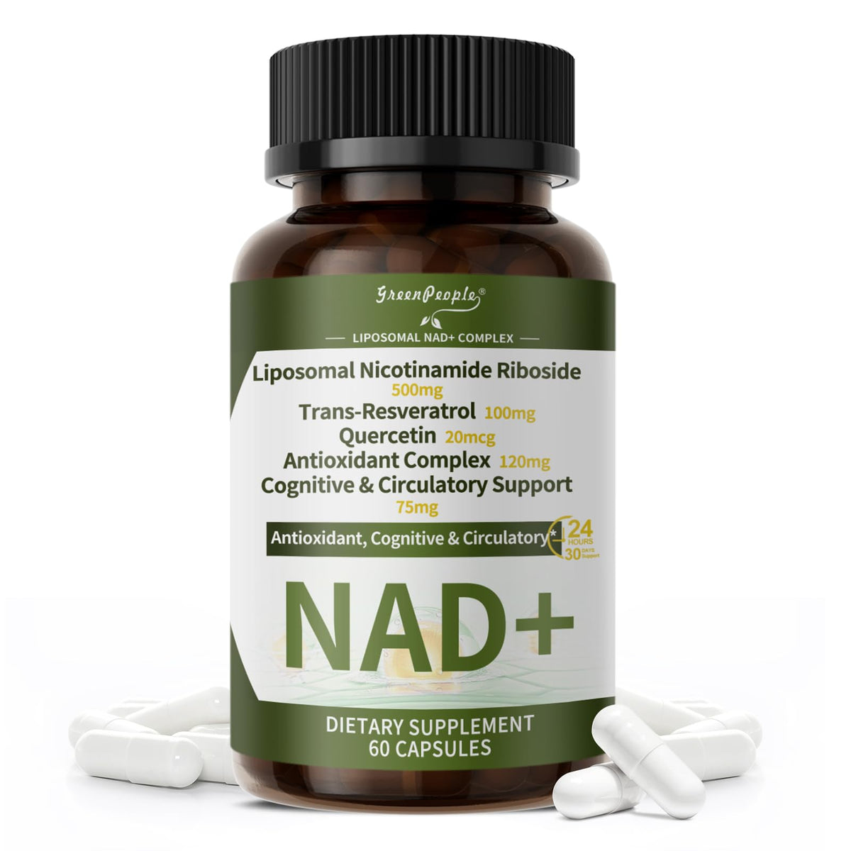 Supplement bottle labeled 'NAD+' with white capsules on a white background