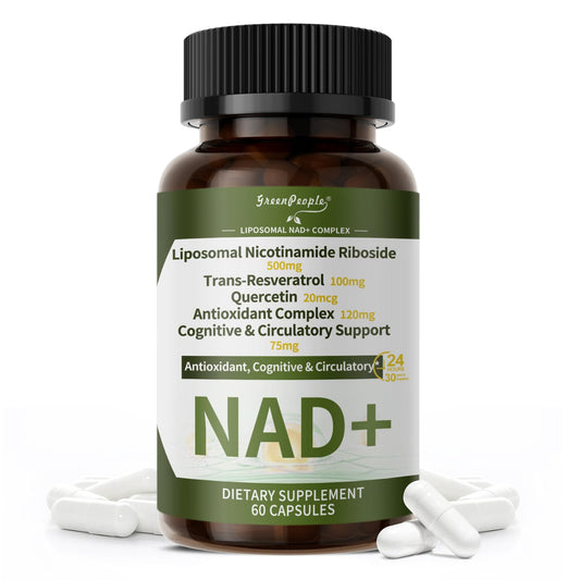 Supplement bottle labeled 'NAD+' with white capsules on a white background