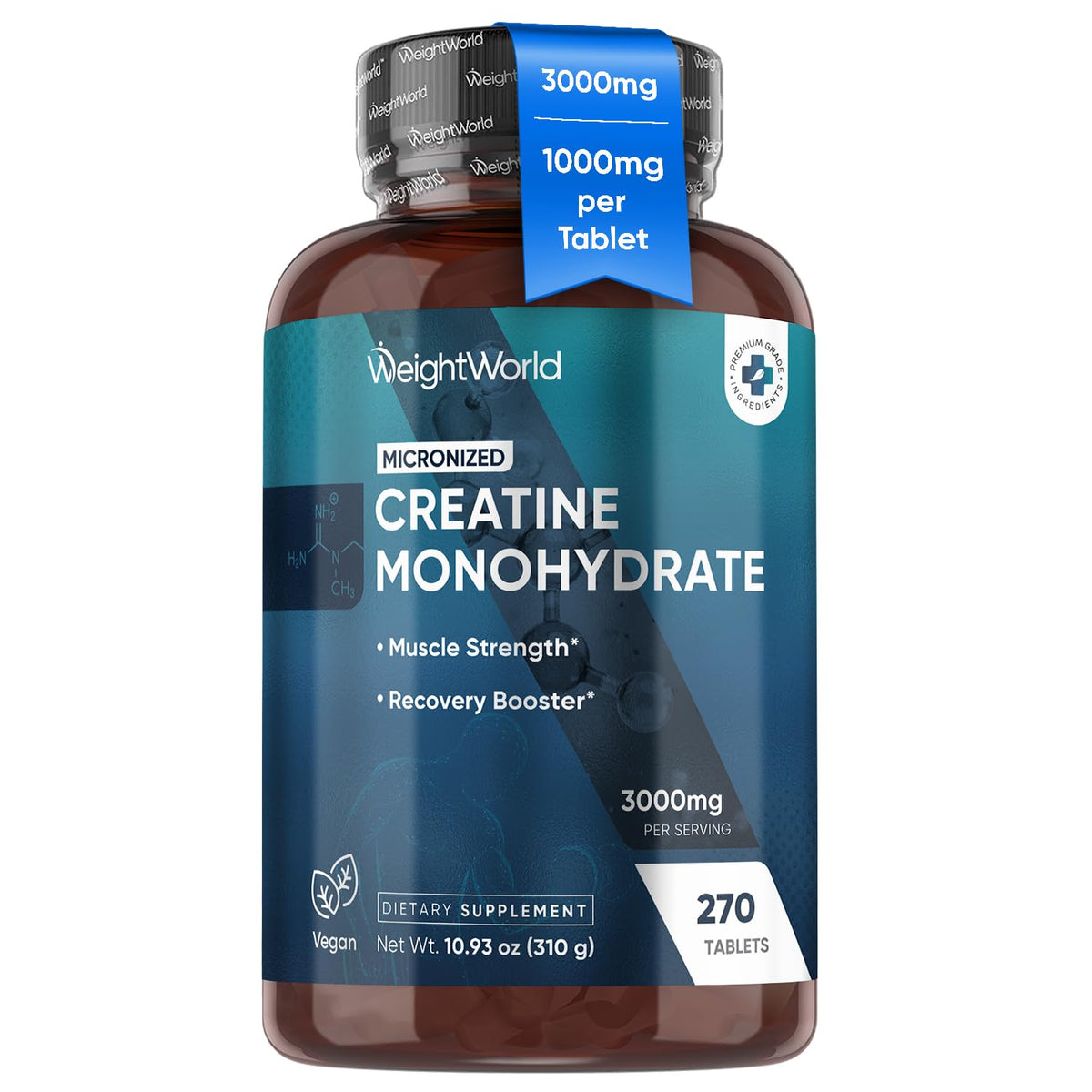 WeightWorld Micronized Creatine Monohydrate 3000mg Vegan Tablets | Muscle Strength & Recovery Booster | 3 Months Supply - 270 Tabs | Creatine for Women & Men | Non-GMO, Gluten-Free | 3 Tablets a Day WeightWorldBuy Supplements Australia