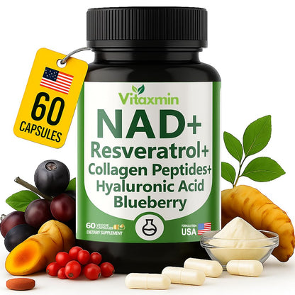 Vitaxmin NAD+ supplement bottle with ingredients on a white background