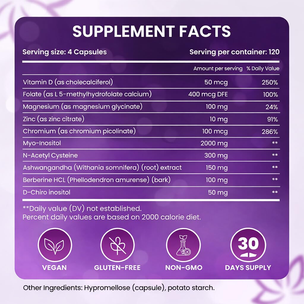 The Pink Bloom Myo & D-Chiro Inositol 40:1 Ratio – 120 Capsules | Myo Inositol Supplement for Women with Vitamin D, Ashwagandha, Folate & Zinc | Supplement for Hormone Balance & Ovarian Health The Pink BloomBuy Supplements Australia