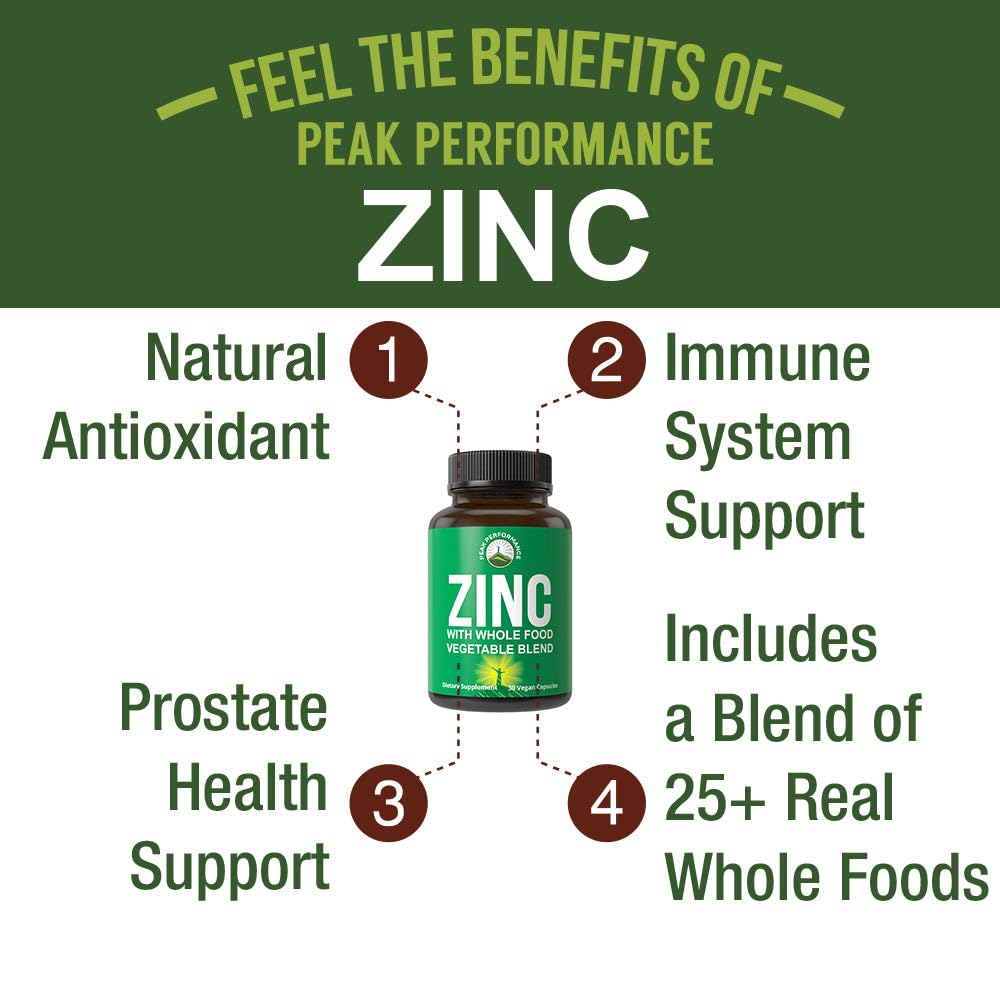 Vegan Zinc Supplement with Vitamin C + Whole Food Blend of 25 Vegetables and Fruits for Max Absorption. Zinc Supplements 30mg Capsules, Pills, Tablets, Vitamins for Adults Both Men and Women Peak PerformanceBuy Supplements Australia