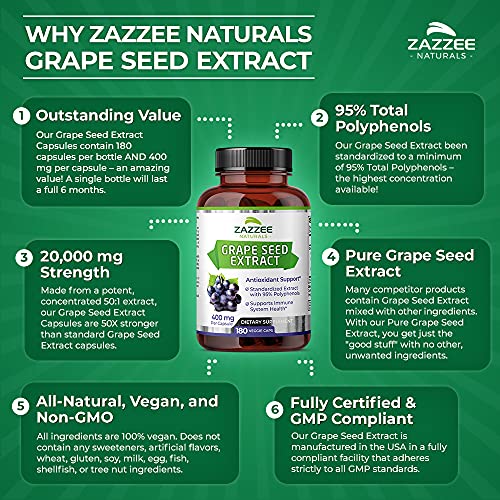 Zazzee High Strength Grape Seed 50:1 Extract, 20,000 mg Strength, 180 Vegan Capsules ZazzeeBuy Supplements Australia