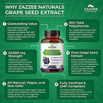 Zazzee High Strength Grape Seed 50:1 Extract, 20,000 mg Strength, 180 Vegan Capsules ZazzeeBuy Supplements Australia